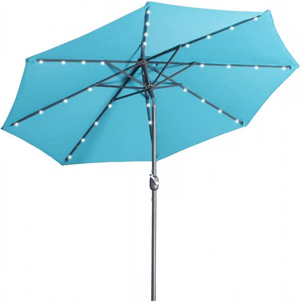 9 ft. Outdoor Market Tilt and Crank Patio Umbrella with 32 LED Solar Lights in Light Blue
