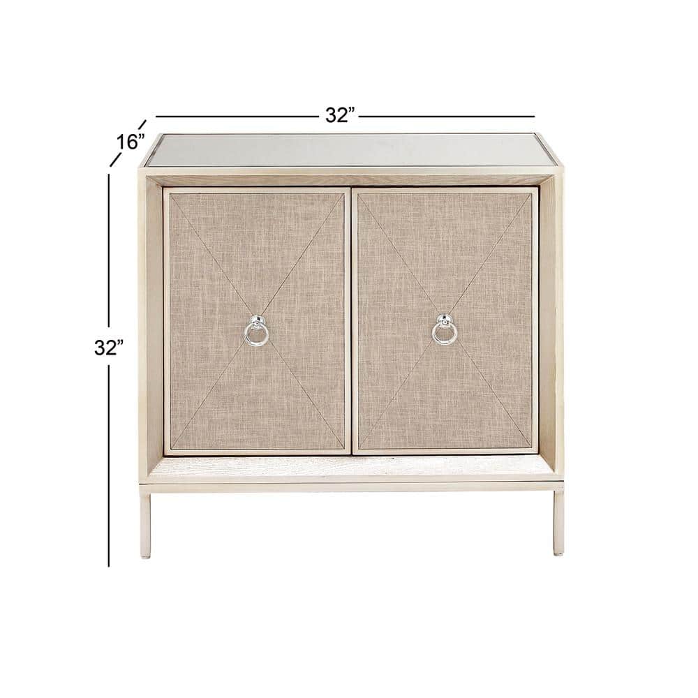 Beige Mirrored Fir Wood Upholstered Accent Cabinet