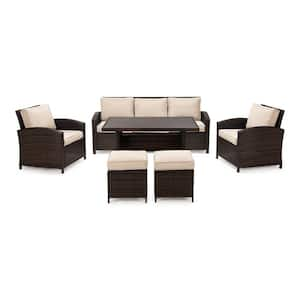 6-Piece Wicker Patio Conversation Set with Beige Cushions