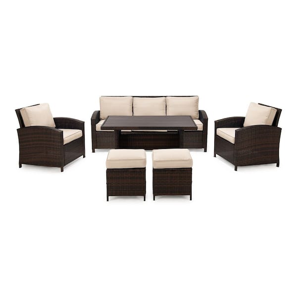 EDYO LIVING 6-Piece Wicker Patio Conversation Set with Beige Cushions