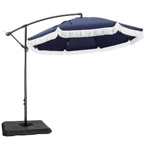 9 ft. Metal Cantilever Solar Patio Umbrella in Navy Blue With Fringe Tassel Design and Crossed Base