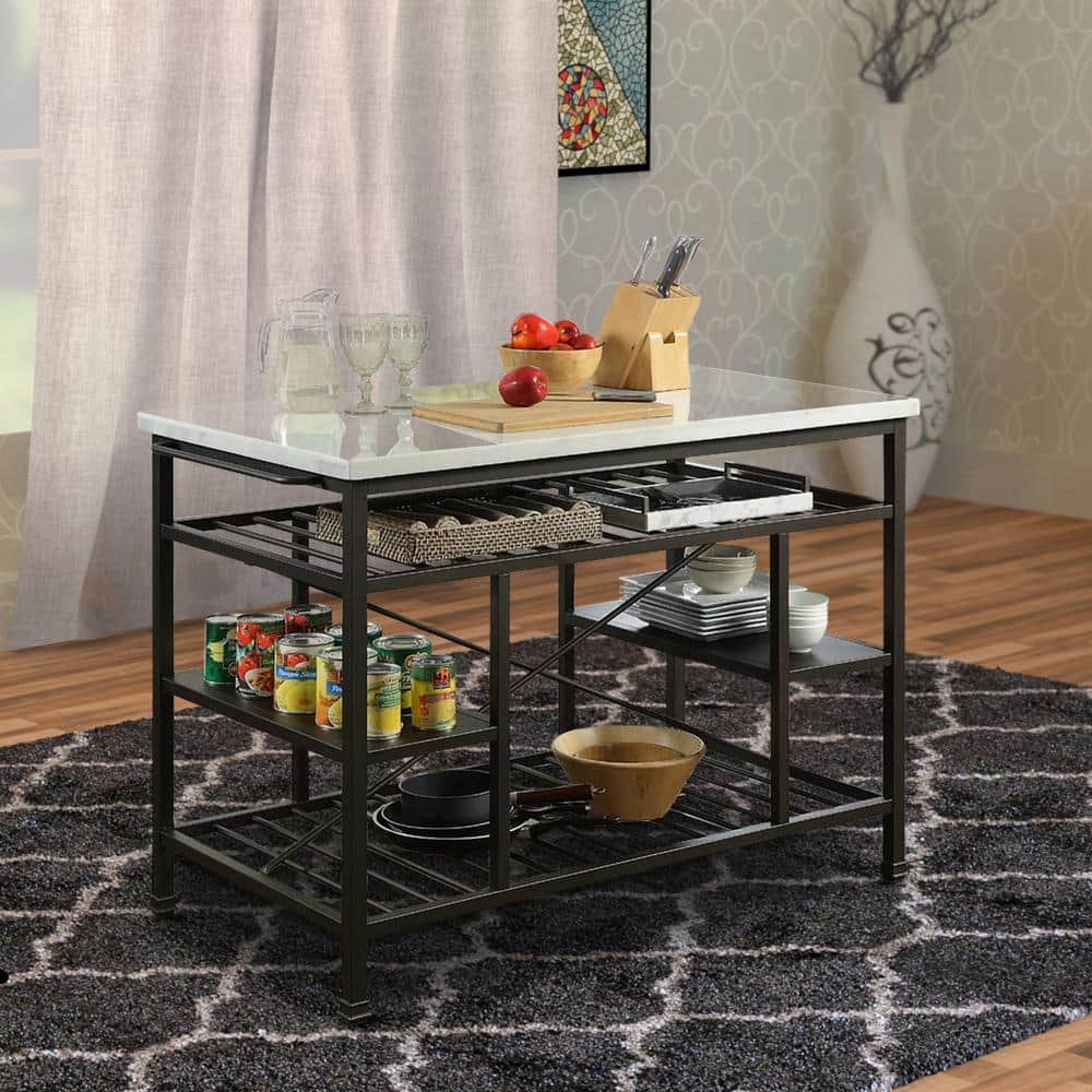 Elegant Gunmetal and White Marble Kitchen Island with Slated Shelves