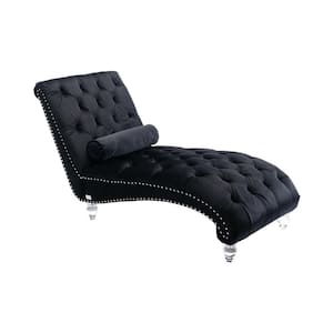 Modern Glossy Black Velvet Wood Tufted Buttons Chaise Lounge Accent Chair Upholstered Couch with Matching Accent Pillow
