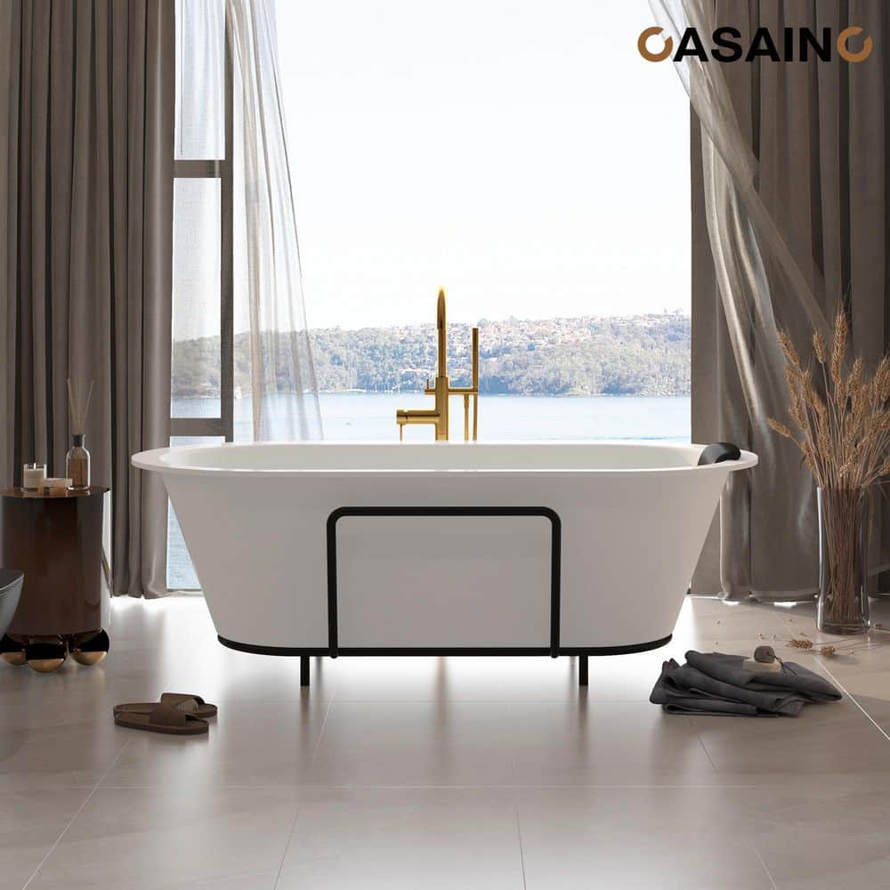 Matte White 67" Freestanding Soaking Bathtub with Black Pillow