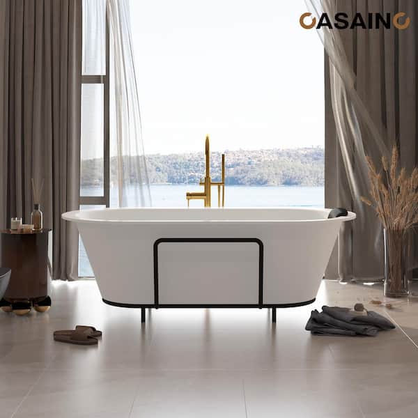 (GIFT) 67 in. x 34 in. Solid Surface Free Standing Tub Soaking Bathtub in Matte White with Black Bathtub Pillow