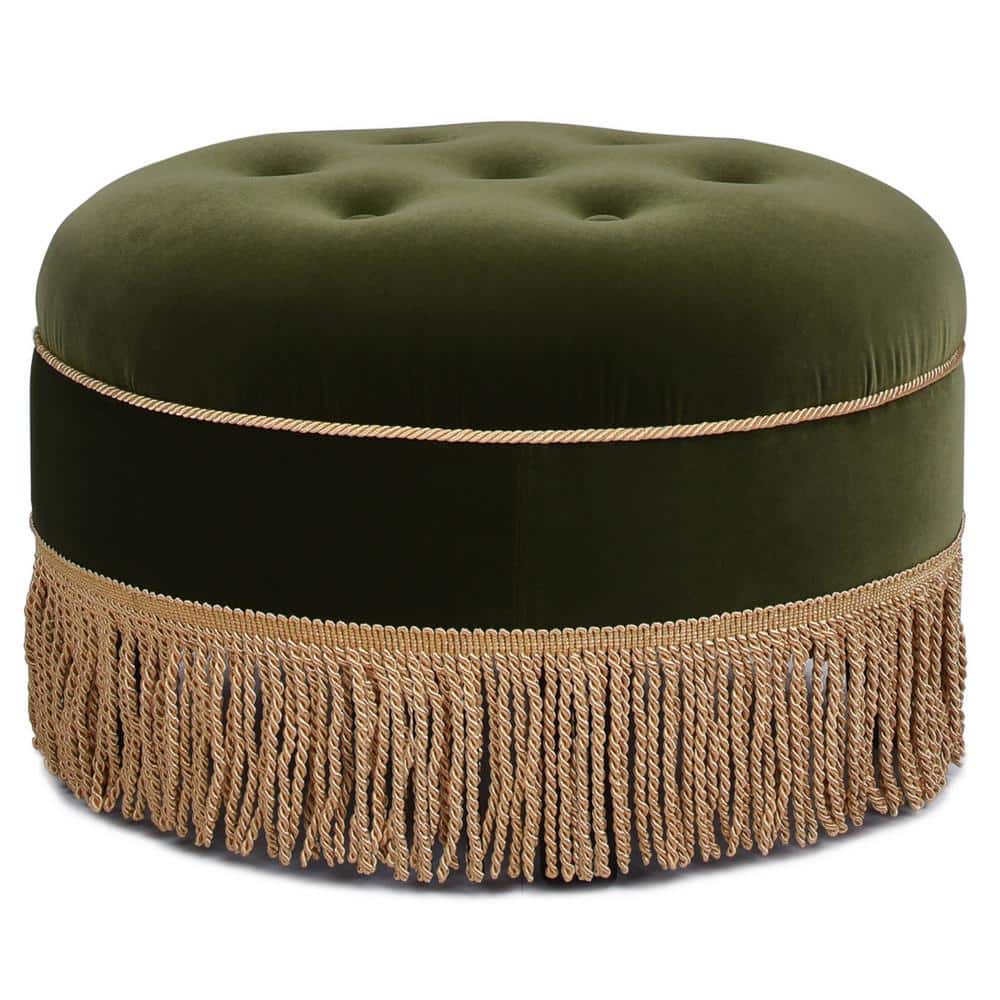 Olive Green Velvet Tufted Round Ottoman with Fringe