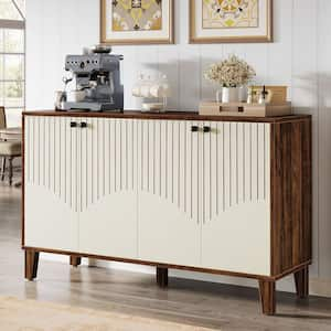 Alan Brown and White Wood 55 in. Sideboard Buffet Cabinet with Adjustable Shelves, 4-Door Accent Storage Cabinet