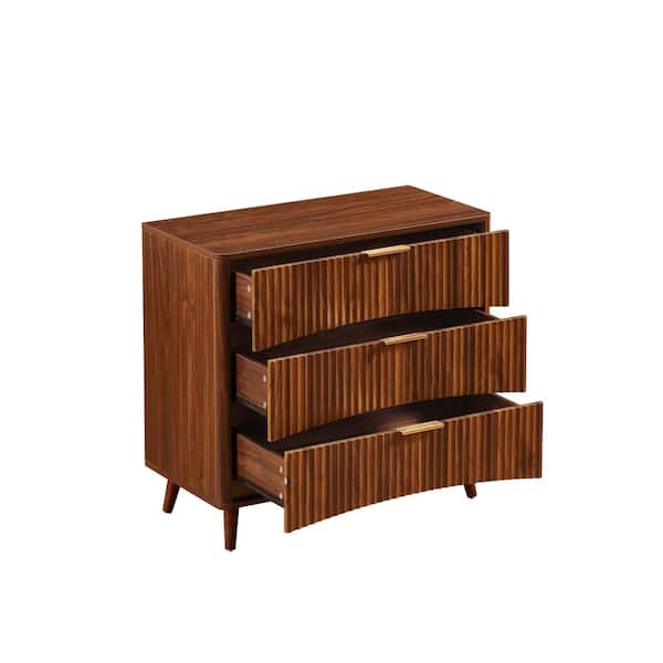 Walnut Fluted 3 Drawer Dresser Tall Chest of Drawers with Vertical Grooved Design Solid Wood Storage Cabinet Nightstand