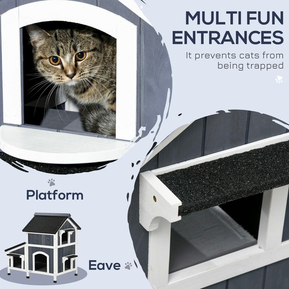 Gray Wooden Outdoor Cat House with Weather-resistant Roof