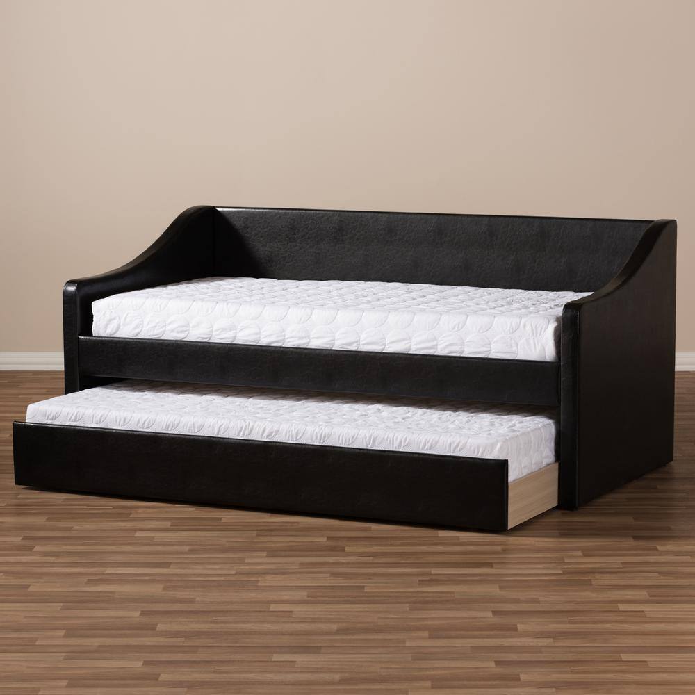 Twin Black Faux Leather Upholstered Daybed with Trundle