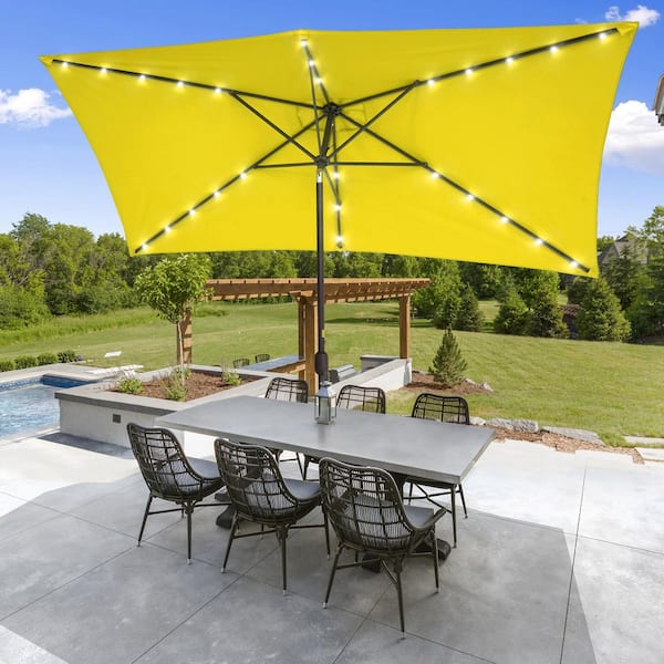 JOYESERY 10 ft. x 6.5 ft. Solar LED Rectangle Market Aluminum Pole Patio Umbrellas with Solar Lights, Tilt Button in Yellow