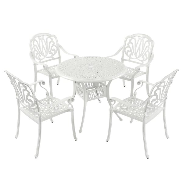 Sudzendf White 5-Piece Wood Outdoor Dining Set, 1 Round Table and 4 Chairs with Umbrella Hole