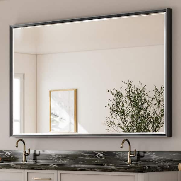 60 in. W x 36 in. H Framed Rectangular Beveled Edge Bathroom Vanity Wall Mount Mirror in Brushed Black