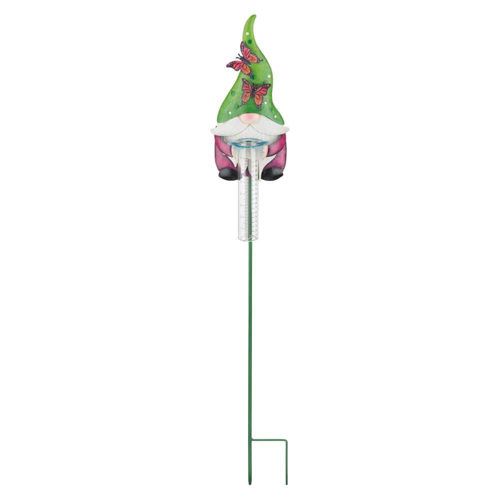 Green and Pink Metal Gnome Rain Gauge with Butterfly