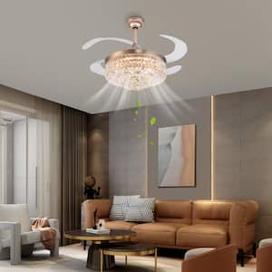 42 in. Integrated LED Indoor Gold Crystal Acrylic Retractable Blade Ceiling Fan with Light