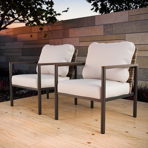 EAGLE PEAK 2-Piece Patio Wicker Outdoor Lounge Chair with Metal Frame and Beige Cushions