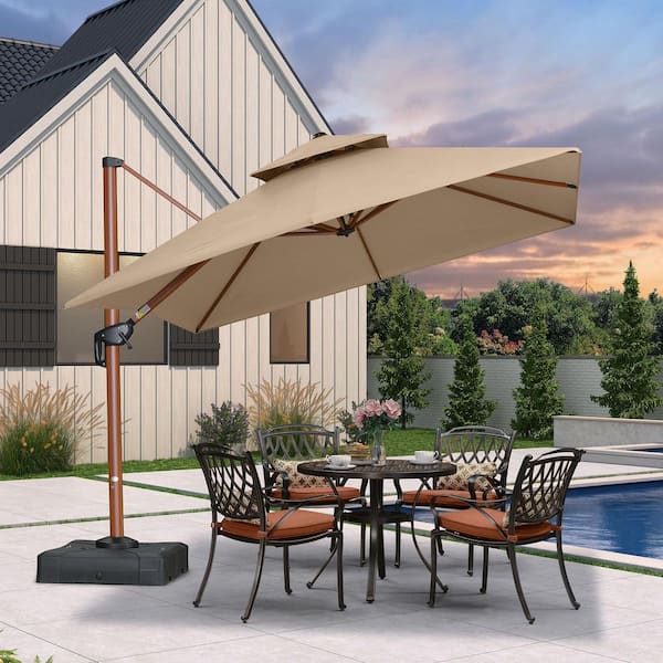 10 ft. Square Sunbrella Aluminum 360° Rotation Wood Pattern Cantilever Outdoor Patio Umbrella with Base in Deep Beige
