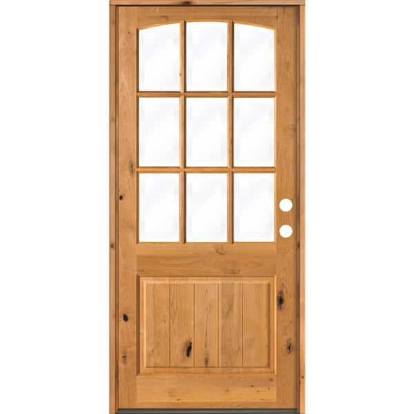 Krosswood Doors 32 in. x 96 in. Knotty Alder Left-Hand/Inswing 9-Lite Arch Top V-Panel Clear Glass Clear Stain Wood Prehung Front Door