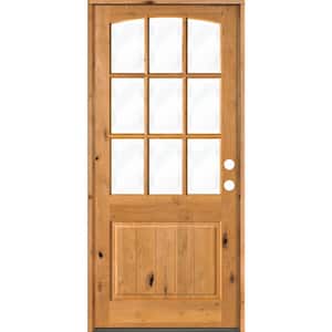 42 in. x 96 in. Knotty Alder V-Panel Left-Hand/Inswing 1/2 Lite Arch Top Clear Glass Clear Stain Wood Prehung Front Door