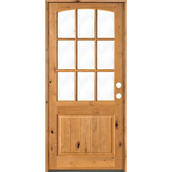 Krosswood Doors 42 in. x 96 in. Knotty Alder V-Panel Left-Hand/Inswing 1/2 Lite Arch Top Clear Glass Clear Stain Wood Prehung Front Door