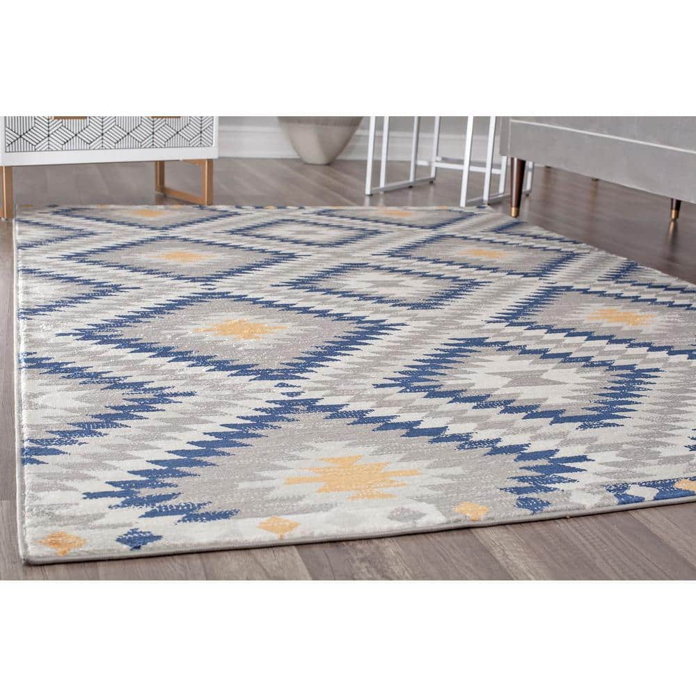 Sunset Gray and Blue Synthetic Tribal Rectangular Area Rug