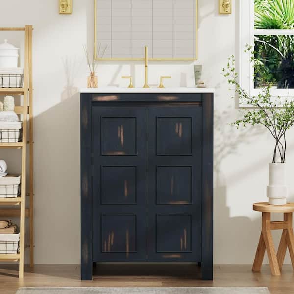 EPOWP 24 in. W x 18.3 in. D x 33.8 in. H Single Sink Freestanding Bath Vanity in Espresso with White Ceramic Top and Storage