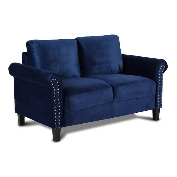 Benjara Judy 30.91 in. Blue Velvet Upholstered Loveseat with Nailhead Trim (2-Seats)