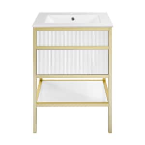 Cache 24 in. W x 18.31 in. D x 33.44 in. H Single Sink Freestanding Bath Vanity in White and Gold with White Ceramic Top