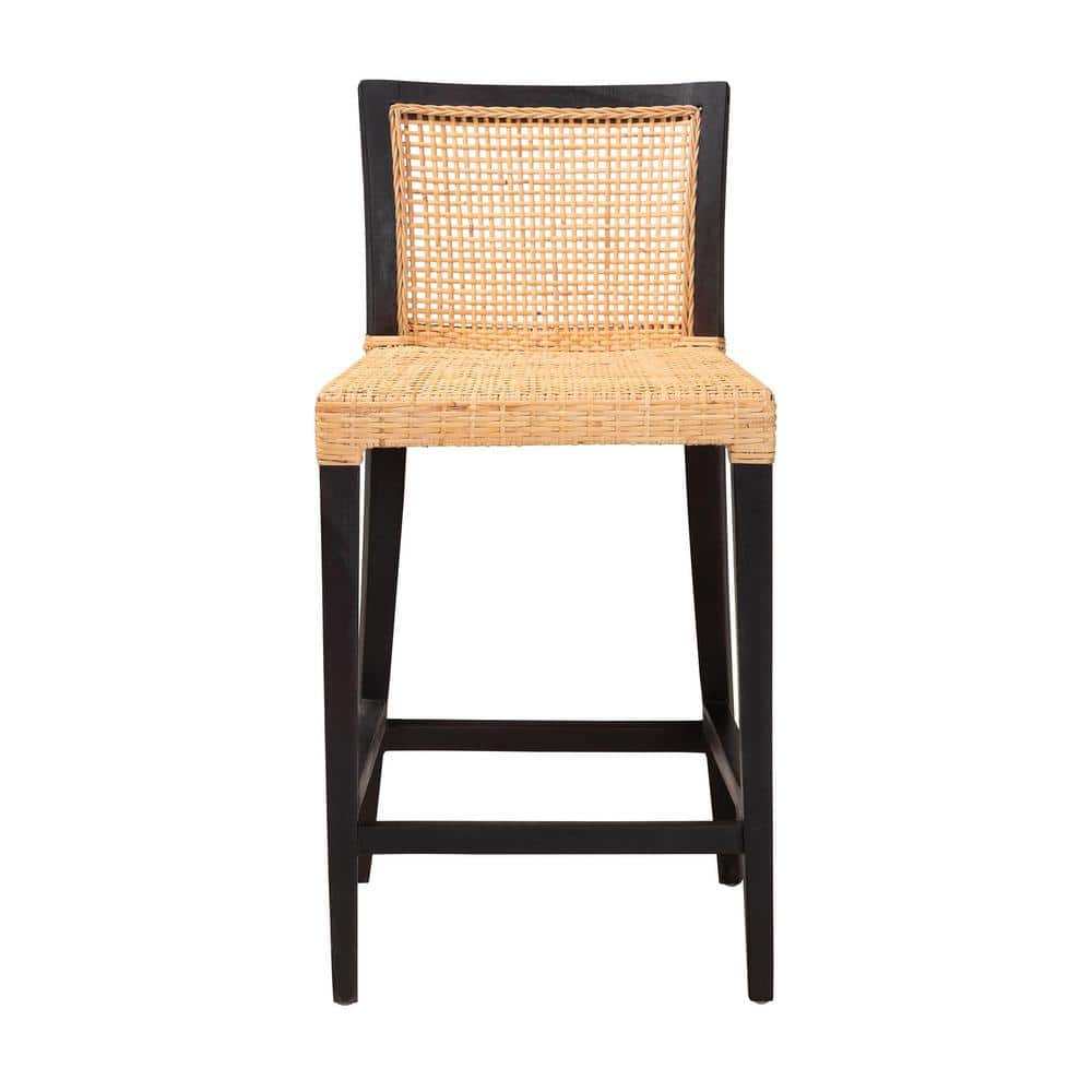 Lingga Dark Brown Mahogany Wood and Natural Rattan Counter Stool