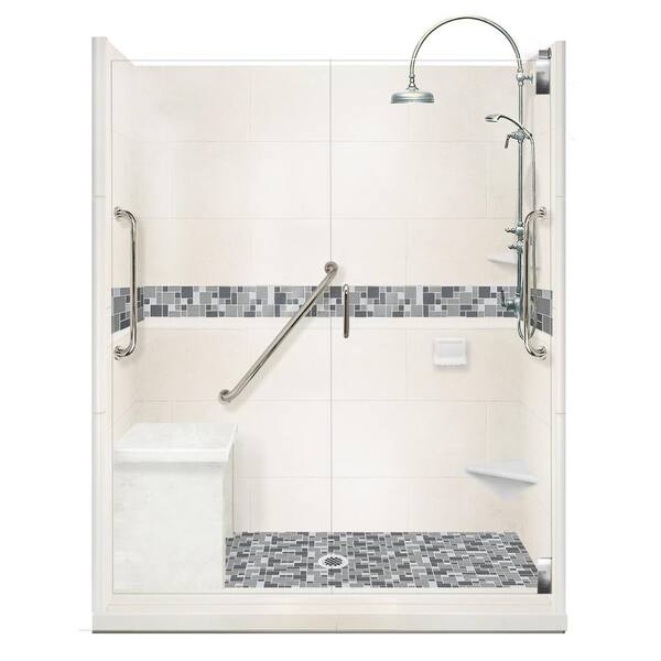 American Bath Factory Newport Freedom Luxe Hinged 32 in. x 60 in. Center Drain Alcove Shower in Natural Buff and Chrome Faucet/Hardware