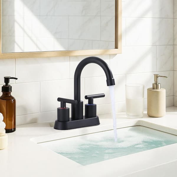 4 in. Centerset Double Handle High Arc Bathroom Faucet with Drain Kit Included in Matte Black
