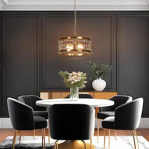 Modern 6-Light Plated Brass Drum Chandelier for Dining Room with Clear Glass Drops, Bedroom Living Room Pendant