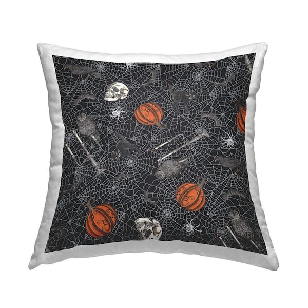 Spooky Spider Web Halloween Pattern Black Abstract Polyester 18in. X 18in. Throw Pillow