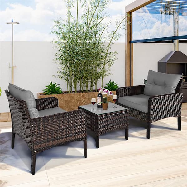3 Piece Patio PE Wicker Furniture Set with Cushions and Tempered Glass Coffee Table Gray