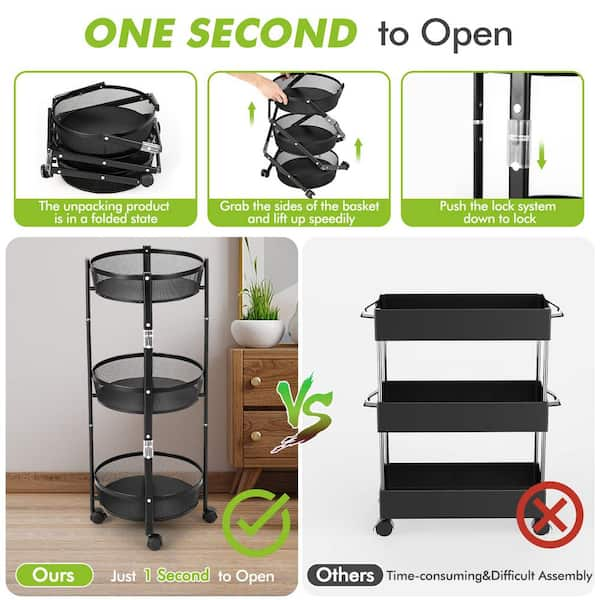 Bunpeony 5-Tier Black Foldable Metal Rack Storage Shelving Unit, Kitchen Shelf with 3-Hooks