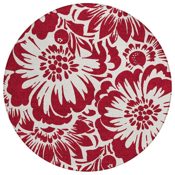 HomeRoots Burgundy and White 8 ft. Round Woven Floral Round Indoor/Outdoor Area Rug