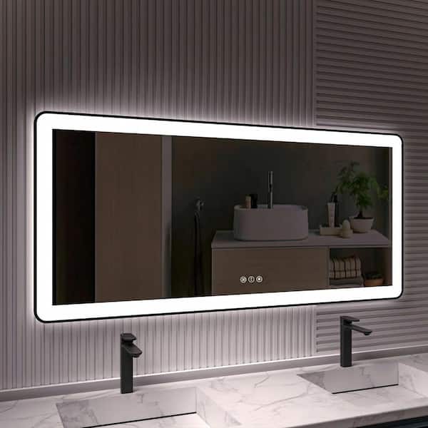 TOOLKISS 60 in. W x 28 in. H Rectangular Framed LED Anti-Fog Wall Bathroom Vanity Mirror in Black with Backlit and Front Light