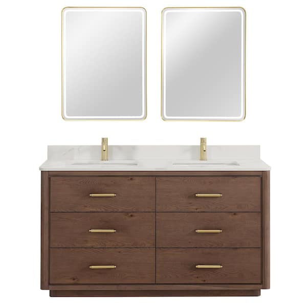 ROSWELL Porto 60 in. W x 22 in. D x 33.8 in. H Double Sink Bath Vanity in Aged Dark Brown Oak with White Quartz Stone Top