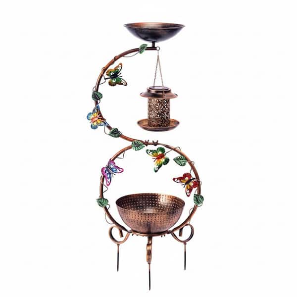 37.8 in. in. Copper Bird Bath and Solar Bird Feeders Combo with Flower Planter Pedestal, Metal Bird Baths for Outdoors