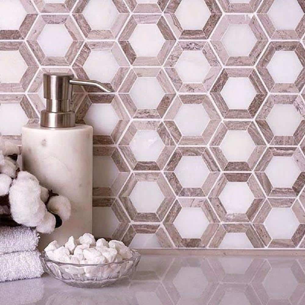 Beige and White Hexagon Polished Marble Mosaic Tile Set