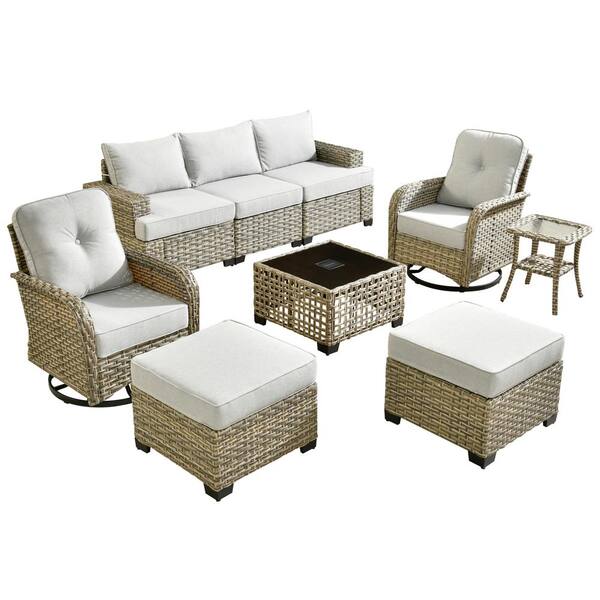 Kelleys 9-Piece Wicker Modern Outdoor Patio Conversation Sofa Set with Swivel Chairs and Light Grey Cushions