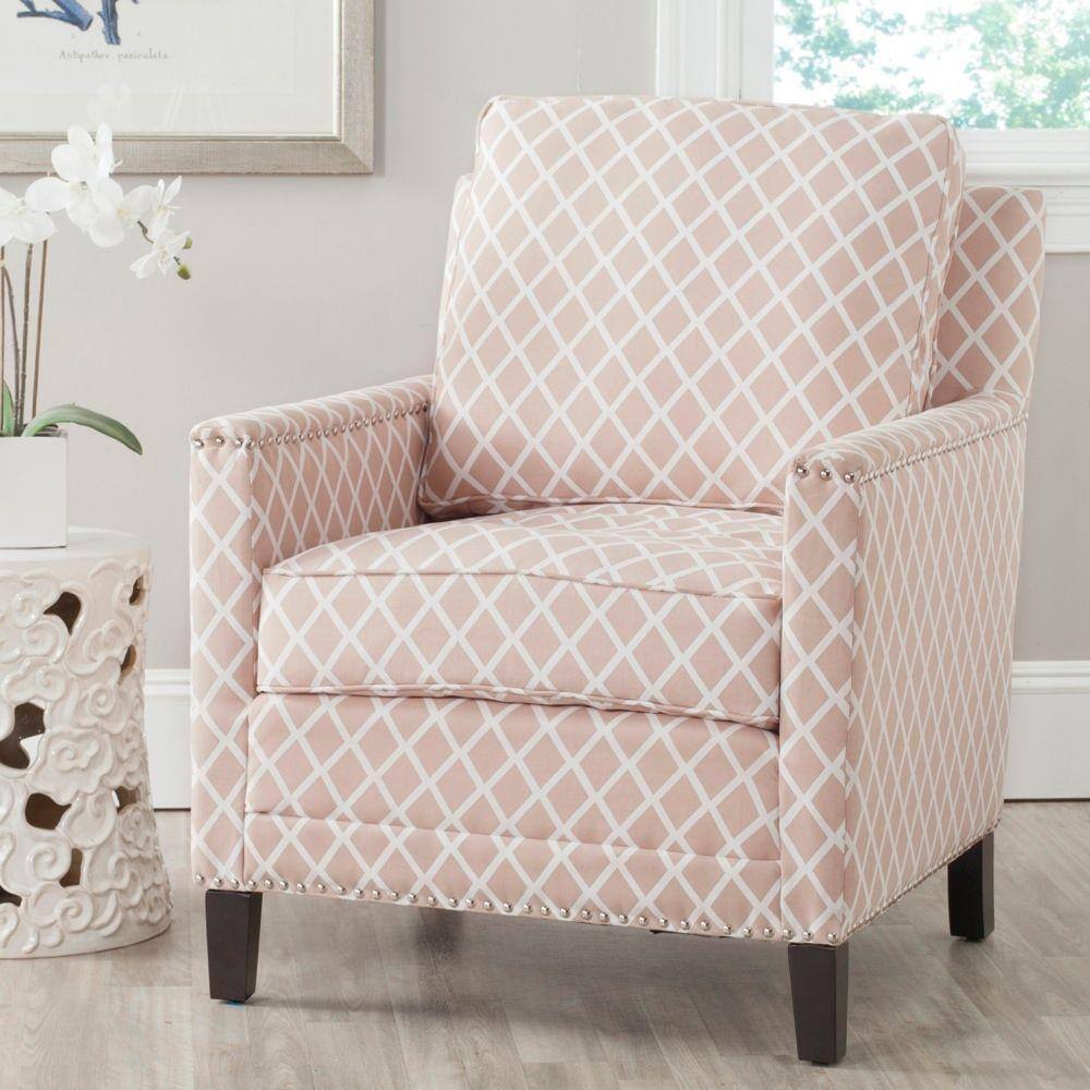 Peach Pink and White Plaid Leather Accent Chair