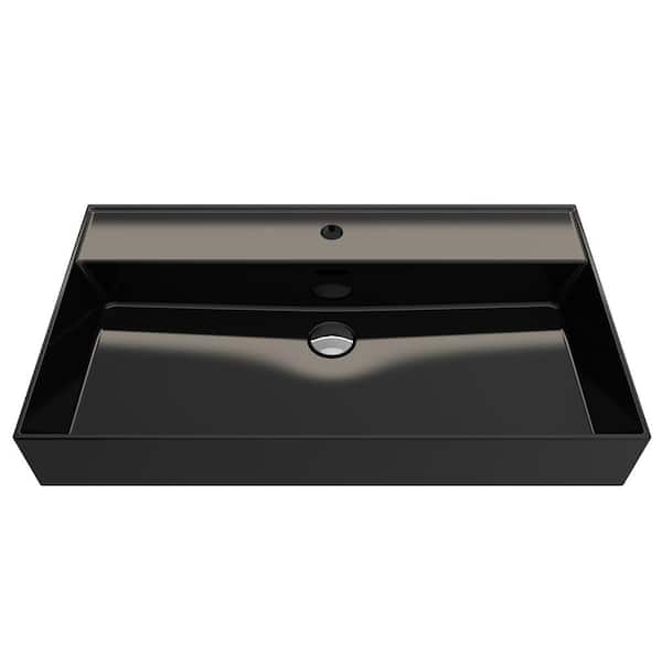 BOCCHI Milano Wall-Mounted Black Fireclay Rectangular Bathroom Sink 32 in. 1-Hole with Overflow
