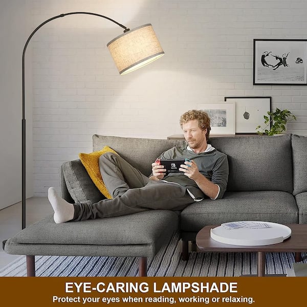 71 in. Black 1-Light Arc Floor Lamp with Linen Shade and No Bulbs