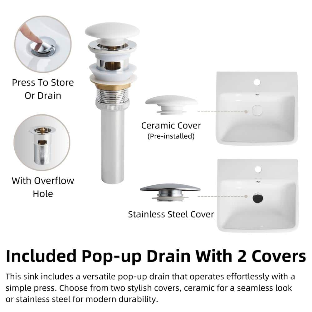 Glossy White Ceramic Wall-Mount Rectangular Vessel Sink with Stainless Steel Drain