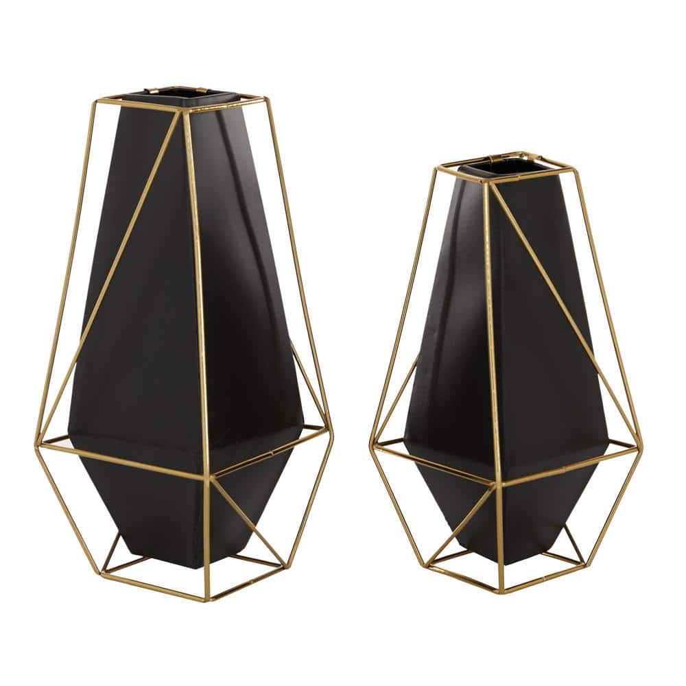Eclectic Black and Gold Metal Geometric Vase Duo
