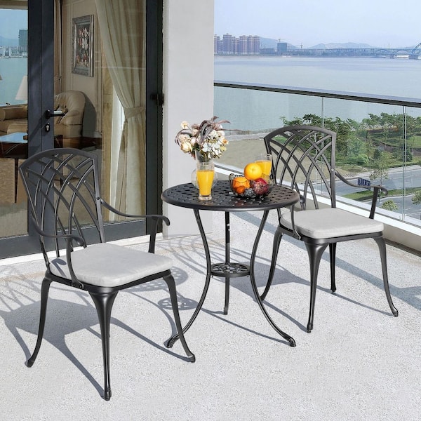 3-Piece Cast Aluminum Patio Bistro Set Rust-proof Outdoor Bistro Set with Gray Cushion