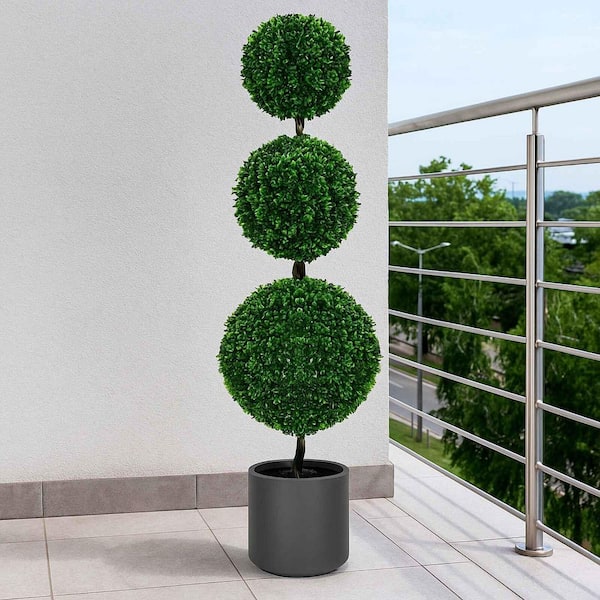 4 ft. Artificial Triple Ball Topiary Tree 3-Ball Faux Shrubs Plant in Gray Pot Outdoor Decoration (Set of 2)