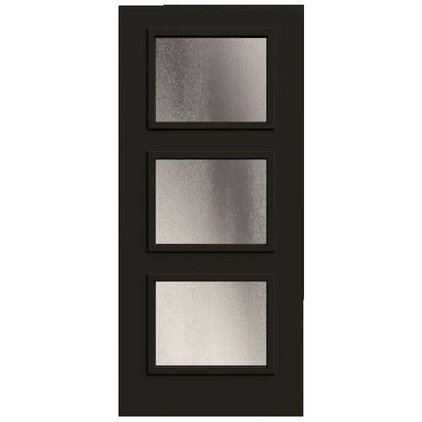 JELD-WEN 36 in x 80 in 3 Lite Equal Right-Hand/Inswing Chinchilla Decorative Glass Black Steel Front Door Slab