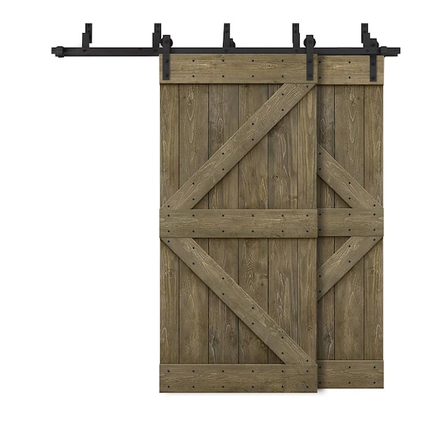 CALHOME 64 in. x 84 in. K Bypass Aged Barrel Stained DIY Solid Wood Interior Double Sliding Barn Door with Hardware Kit
